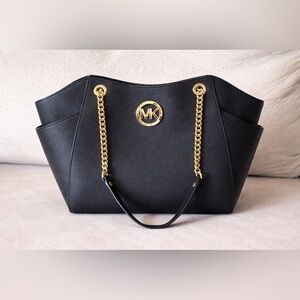 Michael Kors Black Saffiano Leather Tote Gold Chain Strap Structured Purse